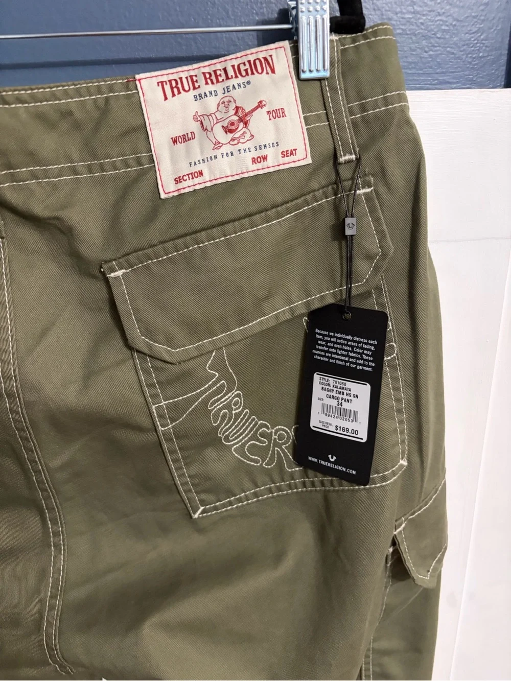 True Religion Men's Baggy Embroidered Kalamata Olive Cargo Pant Size 34x32